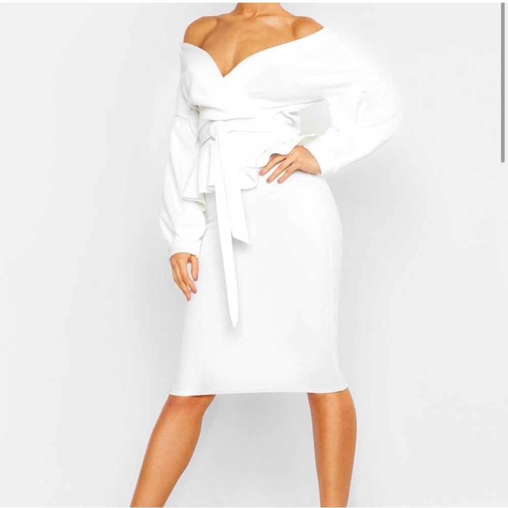 Boohoo Plus Off The Shoulder Faux Wrap Peplum Dress, Balloon Sleeves, Size 14